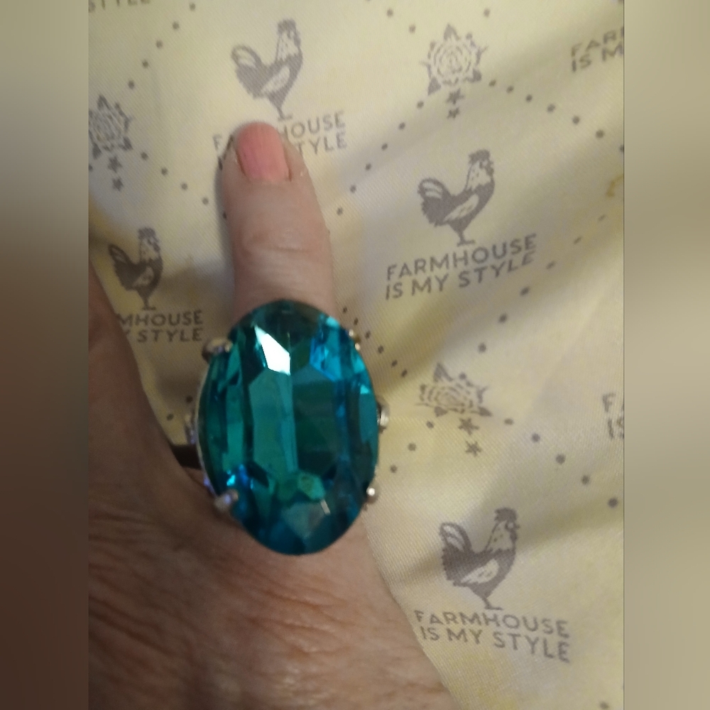 Vintage Aqua Gemstone Adjustable Ring Boho Much Detail Big And Bold